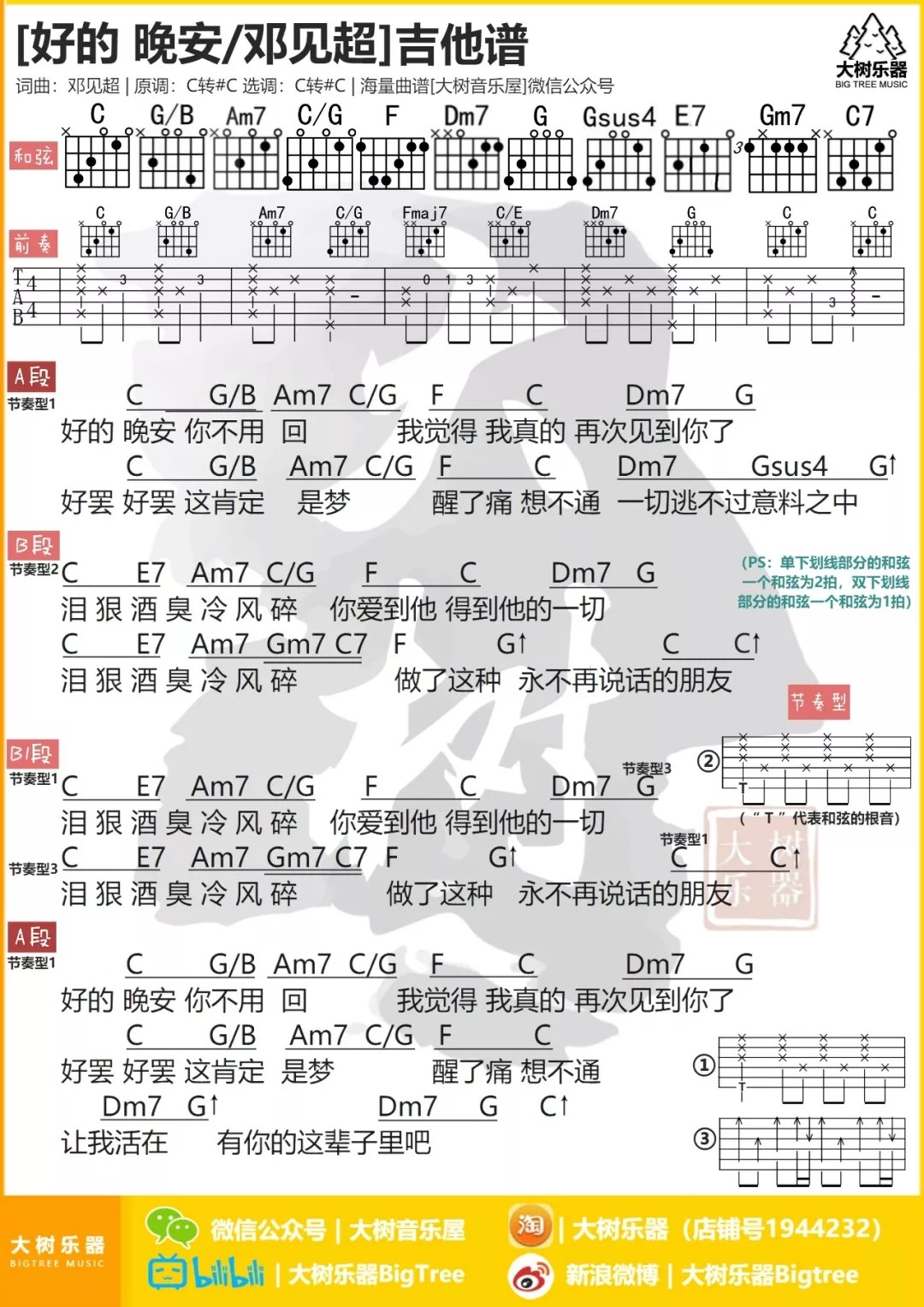 好的 晚安吉他谱 C调和弦谱_大树音乐屋编配_邓见超-吉他谱_吉他弹唱六线谱_指弹吉他谱_吉他教学视频 - 民谣吉他网