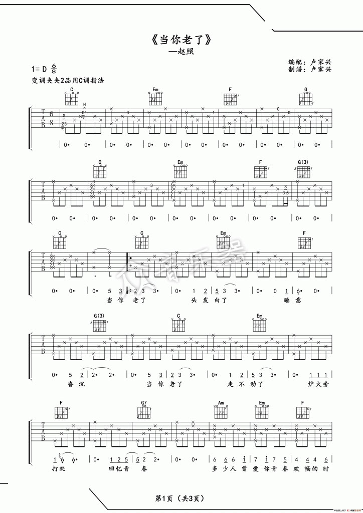 当你老了吉他谱 C调_卢家兴编配_赵照-吉他谱_吉他弹唱六线谱_指弹吉他谱_吉他教学视频 - 民谣吉他网