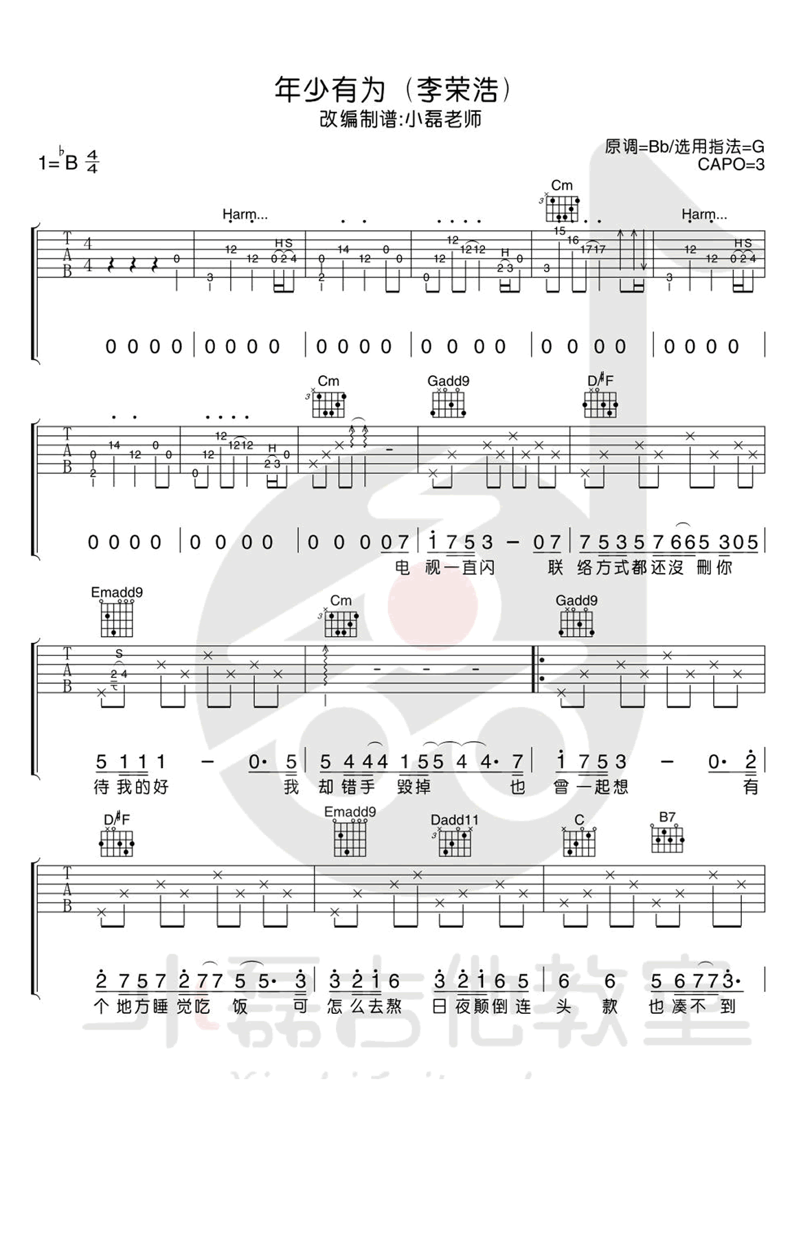 年少有为吉他谱 G调简单版_小磊吉他编配_李荣浩-吉他谱_吉他弹唱六线谱_指弹吉他谱_吉他教学视频 - 民谣吉他网