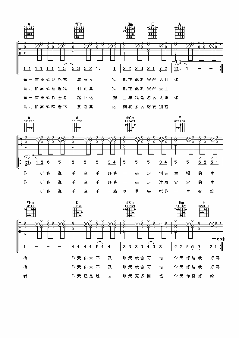 今天你要嫁给我吉他谱 A调女生版_阿潘音乐工场编配_蔡依林