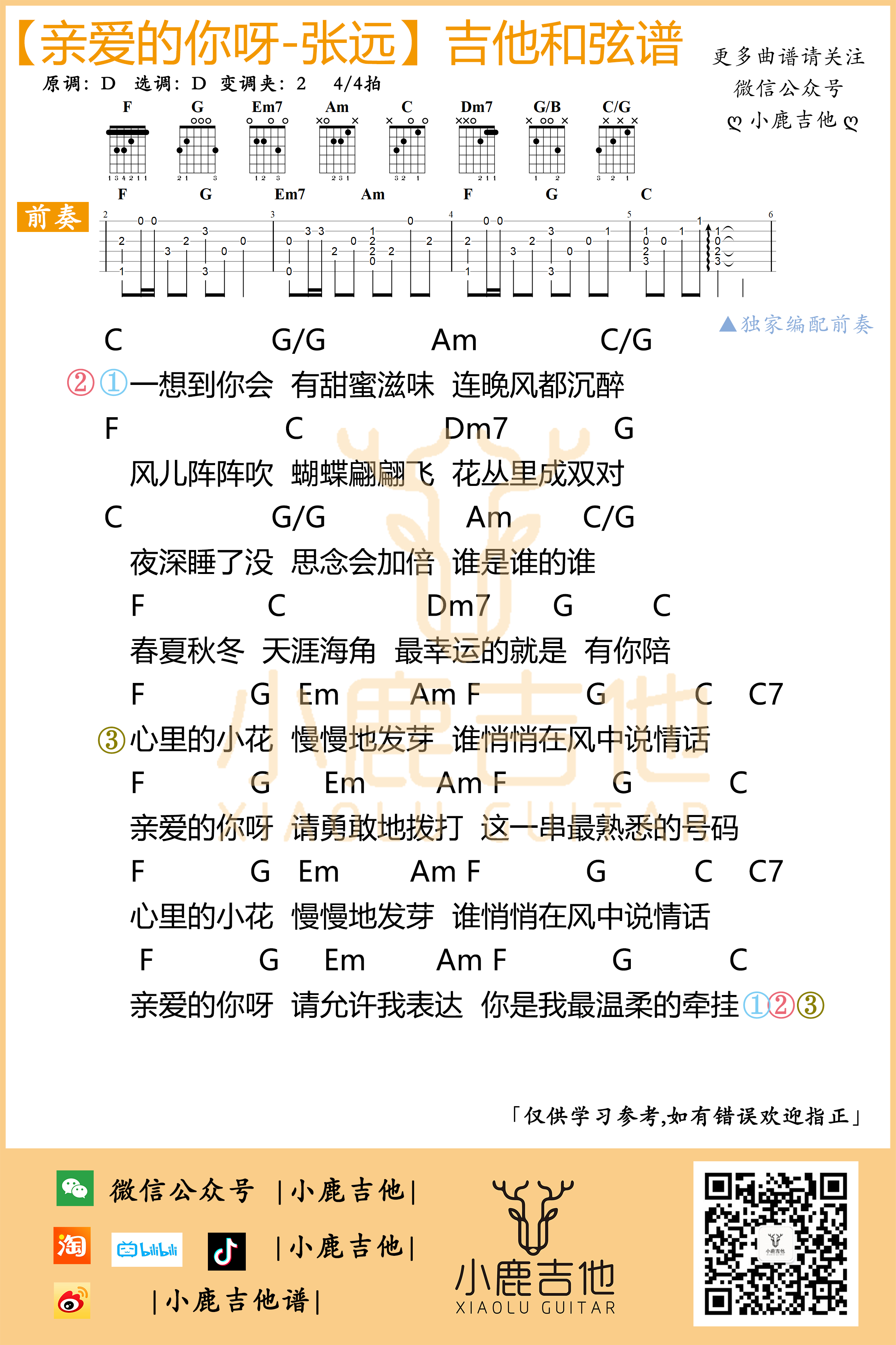 亲爱的你呀吉他谱张远_独家前奏 C调指法编配_小鹿吉他编配制谱-吉他谱_吉他弹唱六线谱_指弹吉他谱_吉他教学视频 - 民谣吉他网