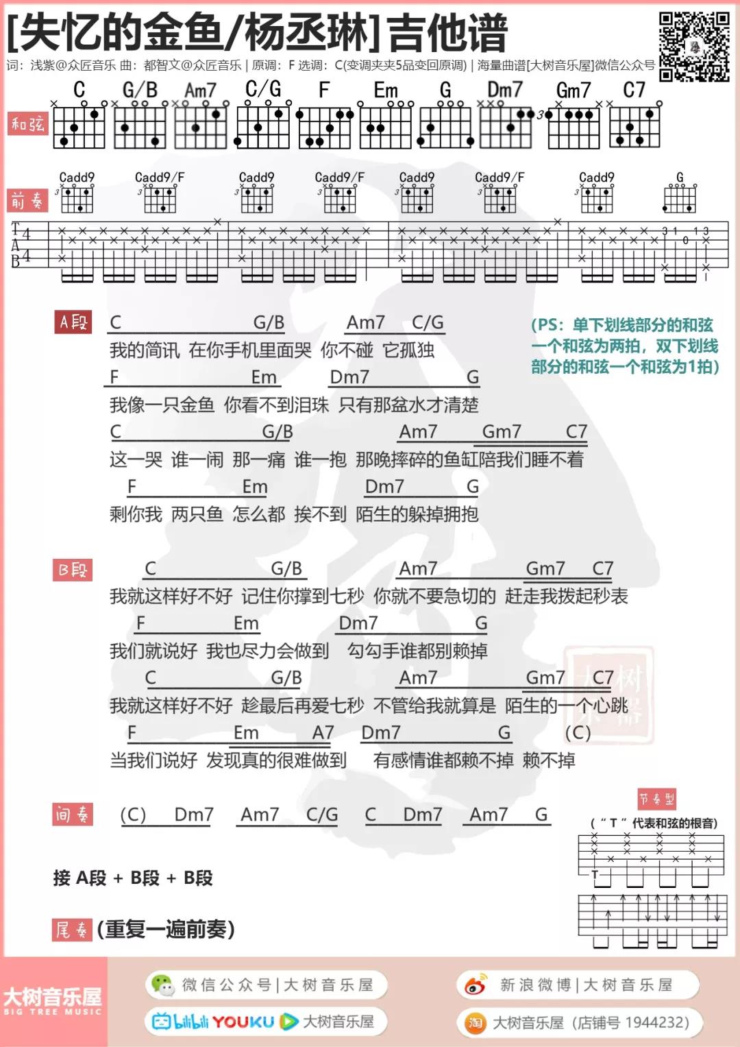 失忆的金鱼吉他谱 C调和弦谱_大树音乐屋编配_杨丞琳-吉他谱_吉他弹唱六线谱_指弹吉他谱_吉他教学视频 - 民谣吉他网