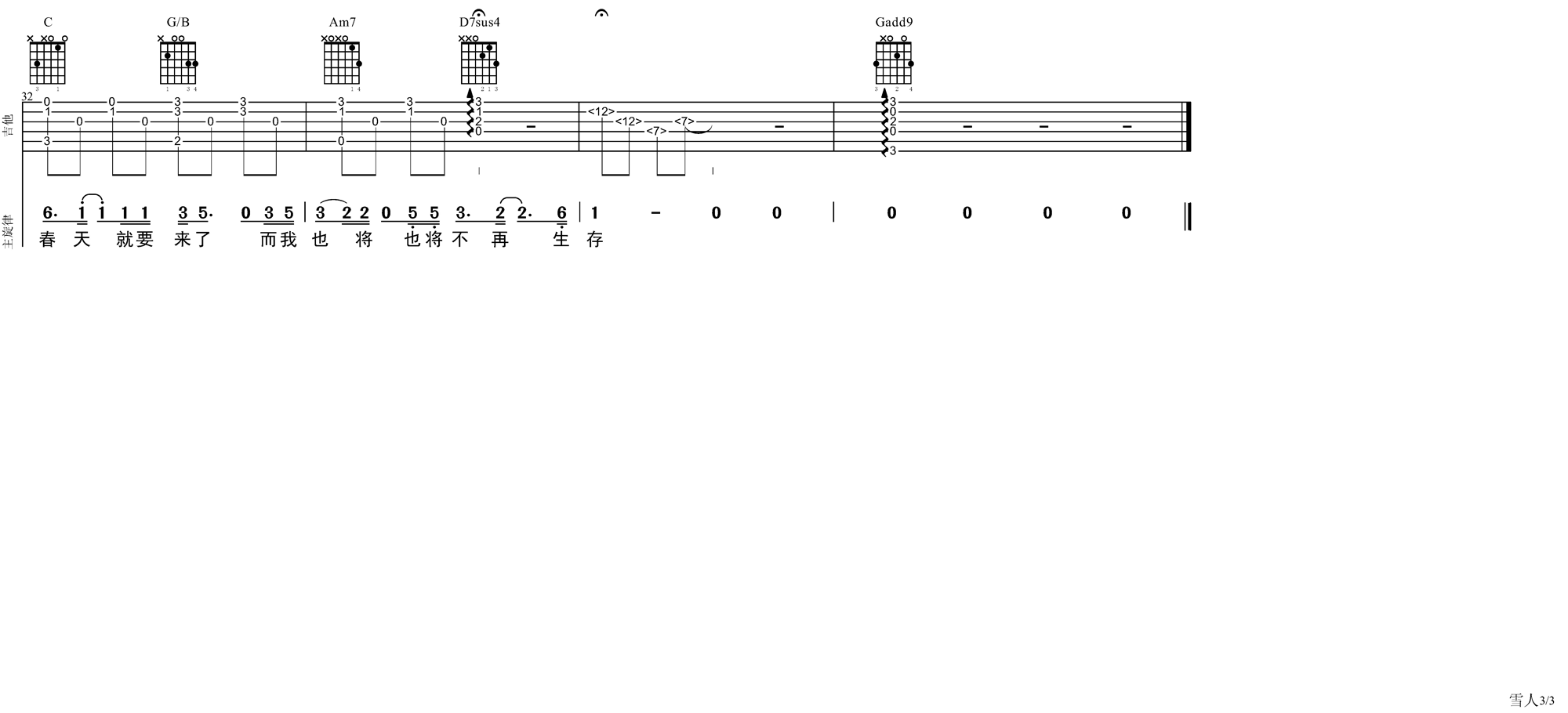 雪人吉他谱 G调原版_大伟吉他教室编配_范晓萱