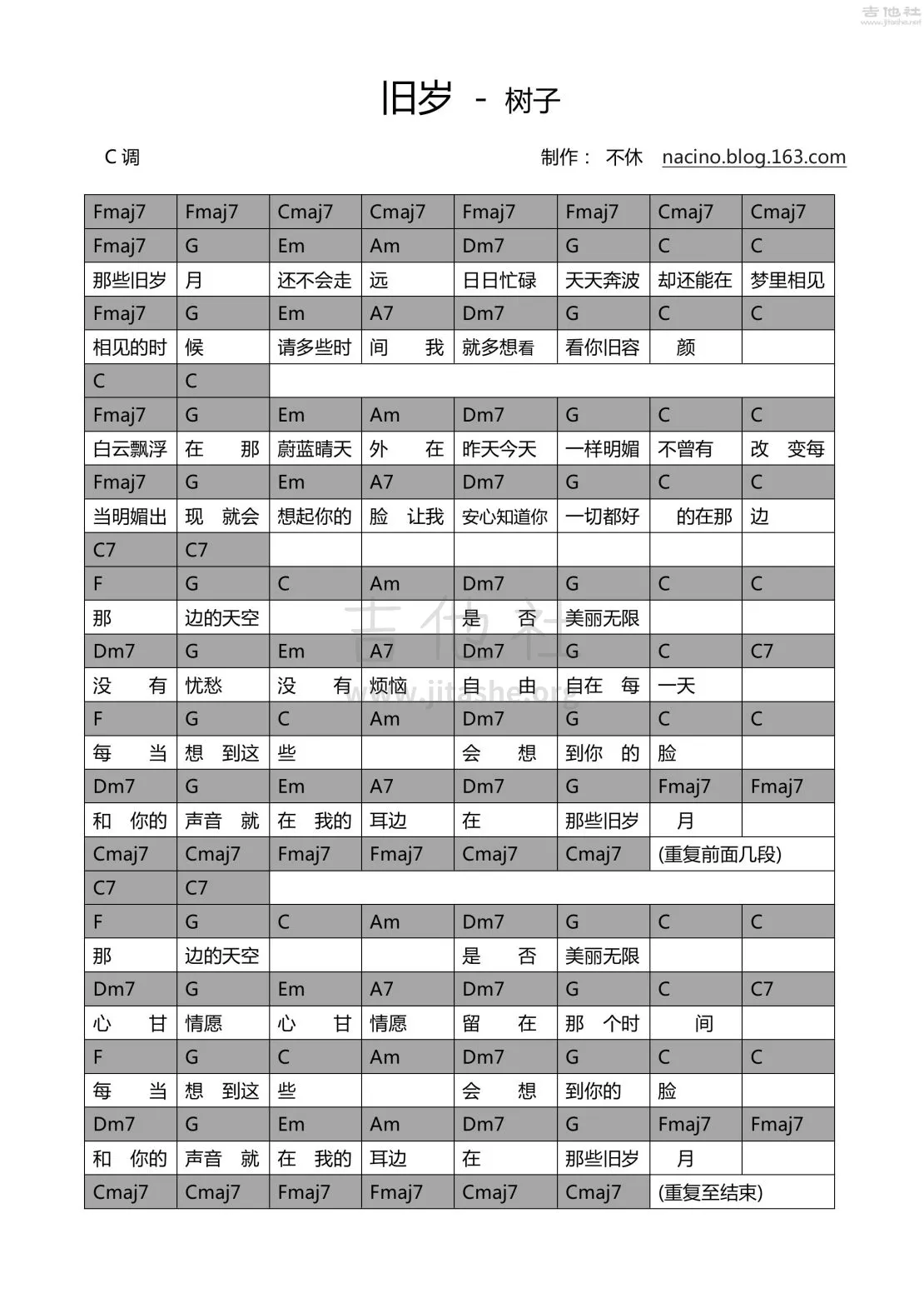 旧岁吉他谱 C调和弦谱_吉他社编配_树子-吉他谱_吉他弹唱六线谱_指弹吉他谱_吉他教学视频 - 民谣吉他网