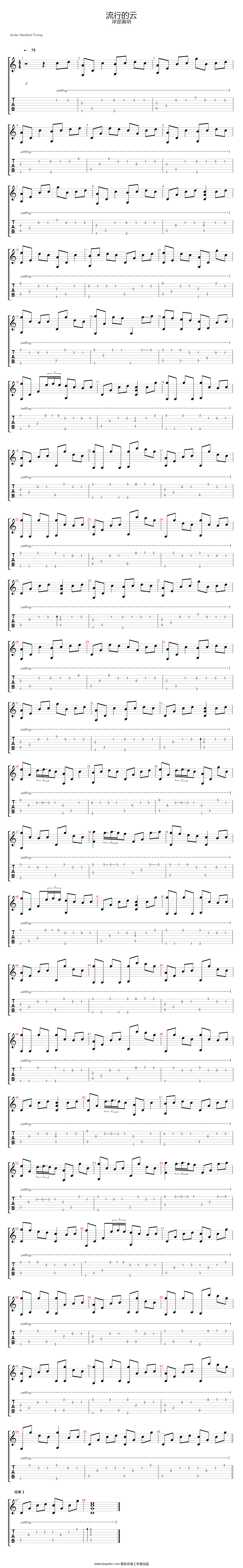 流行的云指弹谱 六线谱_简单版_岸部真明-吉他谱_吉他弹唱六线谱_指弹吉他谱_吉他教学视频 - 民谣吉他网