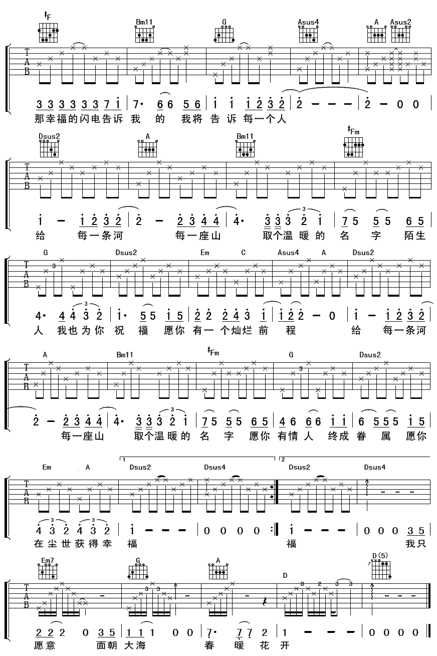 面朝大海春暖花开吉他谱 C调精选版_彼岸吉他编配_胡畔