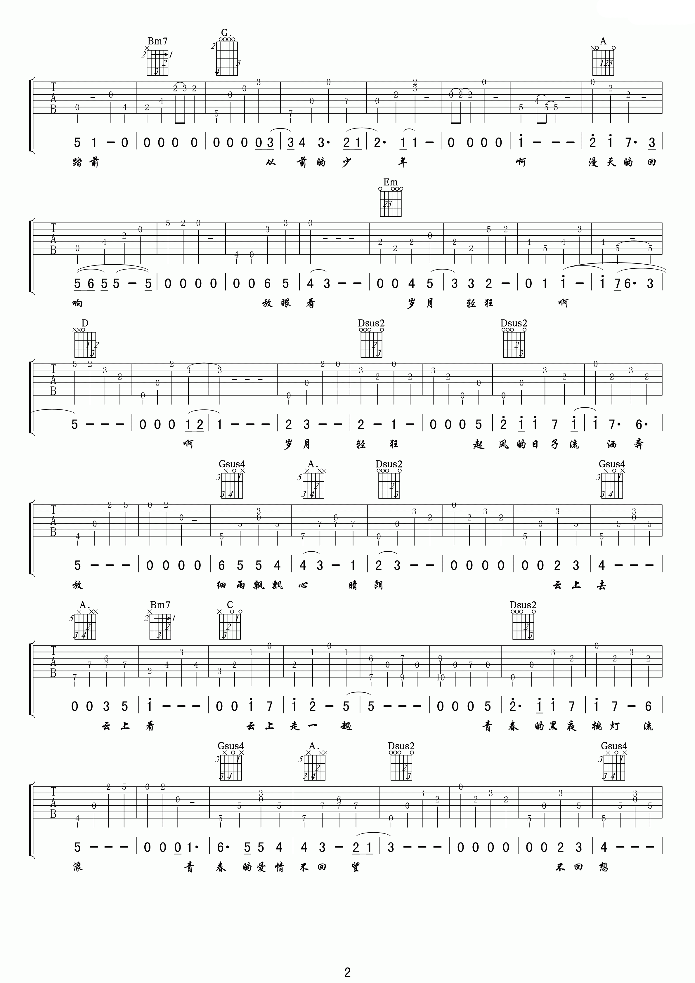 岁月轻狂吉他谱 E调高清版_小叶歌吉他编配_李治廷