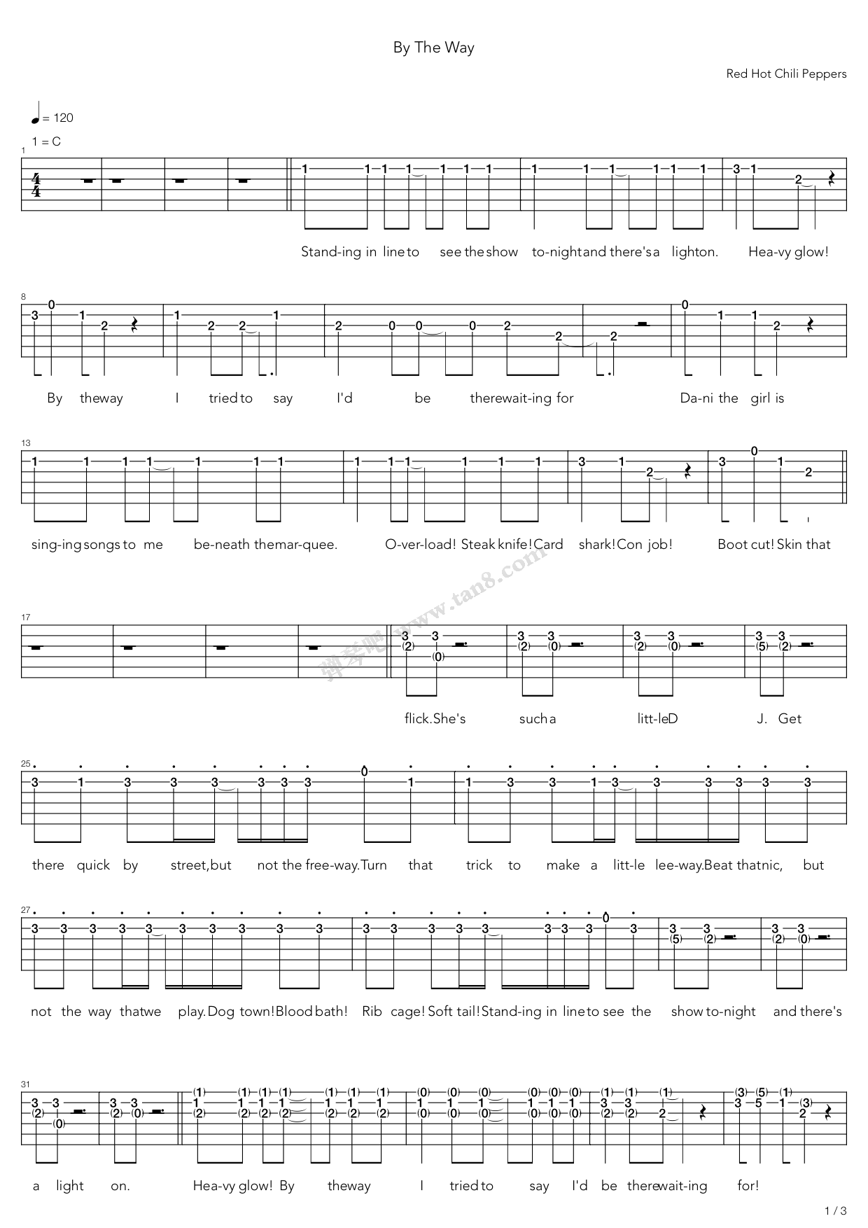 by the way吉他谱 C调高清版_弹琴吧编配_Red Hot Chili Peppers-吉他谱_吉他弹唱六线谱_指弹吉他谱_吉他教学视频 - 民谣吉他网