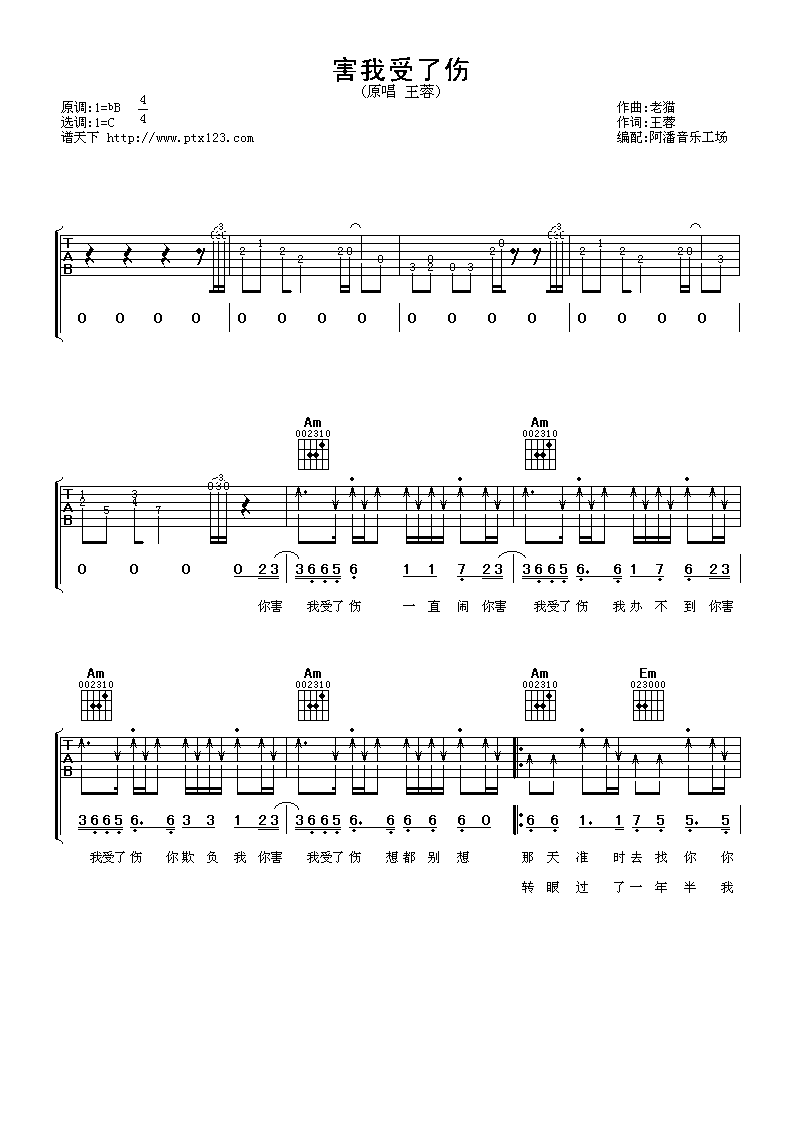 害我受伤了吉他谱 C调简单版_阿潘音乐工场编配_王蓉-吉他谱_吉他弹唱六线谱_指弹吉他谱_吉他教学视频 - 民谣吉他网