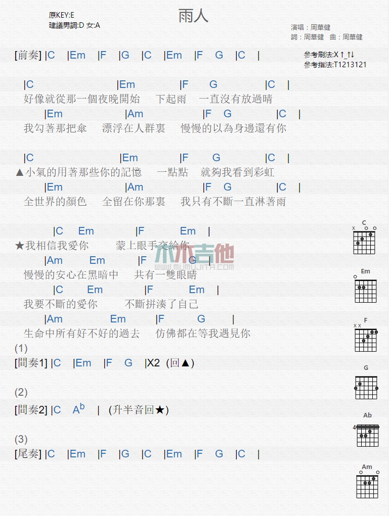 雨人吉他谱 E调男生版_木木吉他编配_周华健-吉他谱_吉他弹唱六线谱_指弹吉他谱_吉他教学视频 - 民谣吉他网
