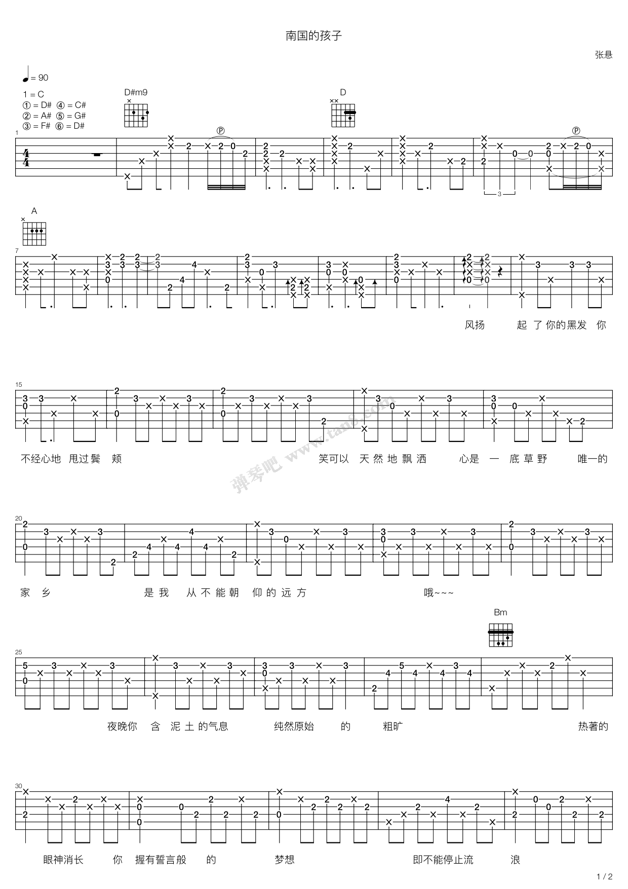 南国的孩子吉他谱 C调附前奏_弹琴吧编配_张悬-吉他谱_吉他弹唱六线谱_指弹吉他谱_吉他教学视频 - 民谣吉他网