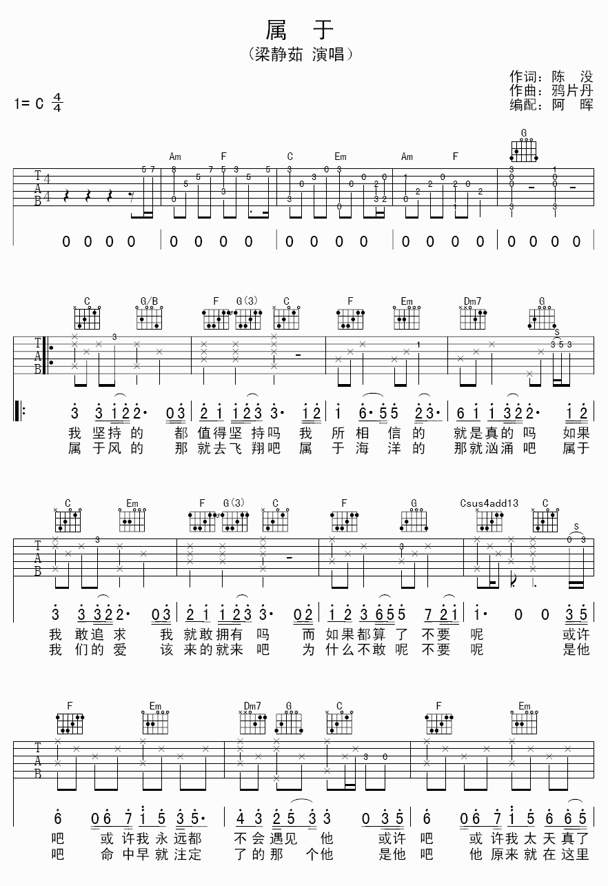 属于吉他谱 C调附前奏_阿晖编配_梁静茹-吉他谱_吉他弹唱六线谱_指弹吉他谱_吉他教学视频 - 民谣吉他网