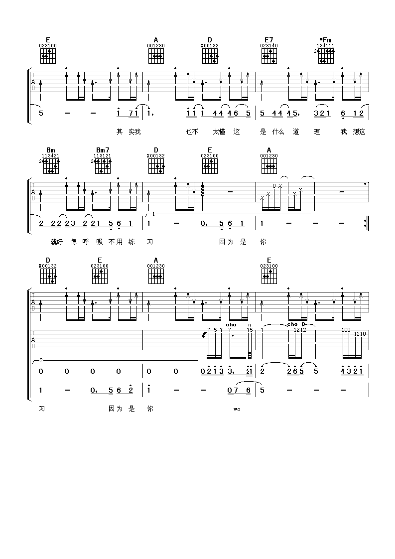 因为是你吉他谱 A调女生版_阿潘音乐工场编配_王心凌