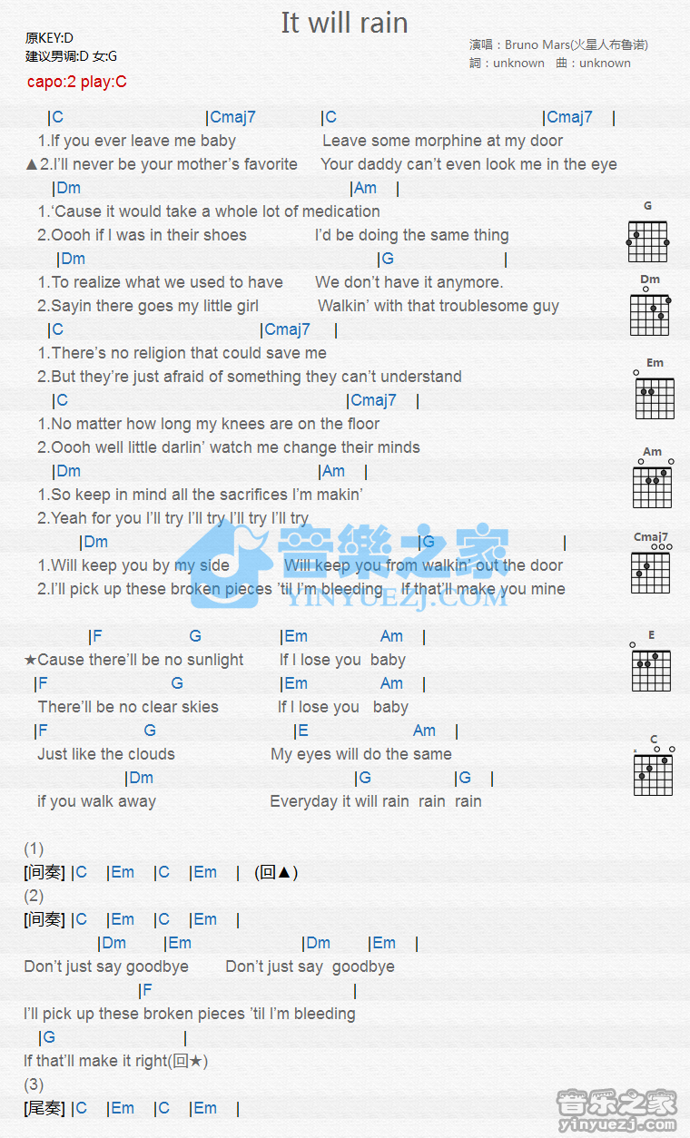 it will rain吉他谱 C调和弦谱_音乐之家编配_Bruno Mars-吉他谱_吉他弹唱六线谱_指弹吉他谱_吉他教学视频 - 民谣吉他网