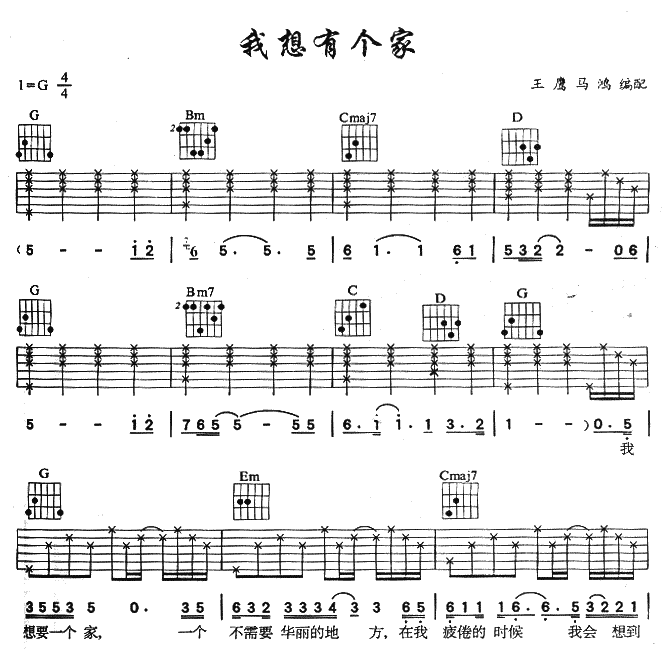 我想有个家吉他谱 G调六线谱_简单版_潘美辰-吉他谱_吉他弹唱六线谱_指弹吉他谱_吉他教学视频 - 民谣吉他网