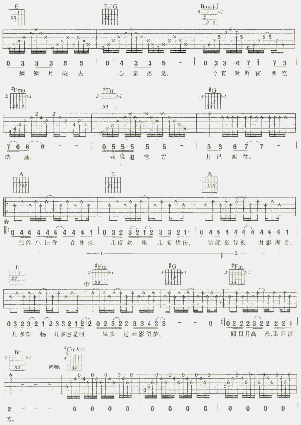 月梦吉他谱 E调六线谱_男生版_唐朝乐队