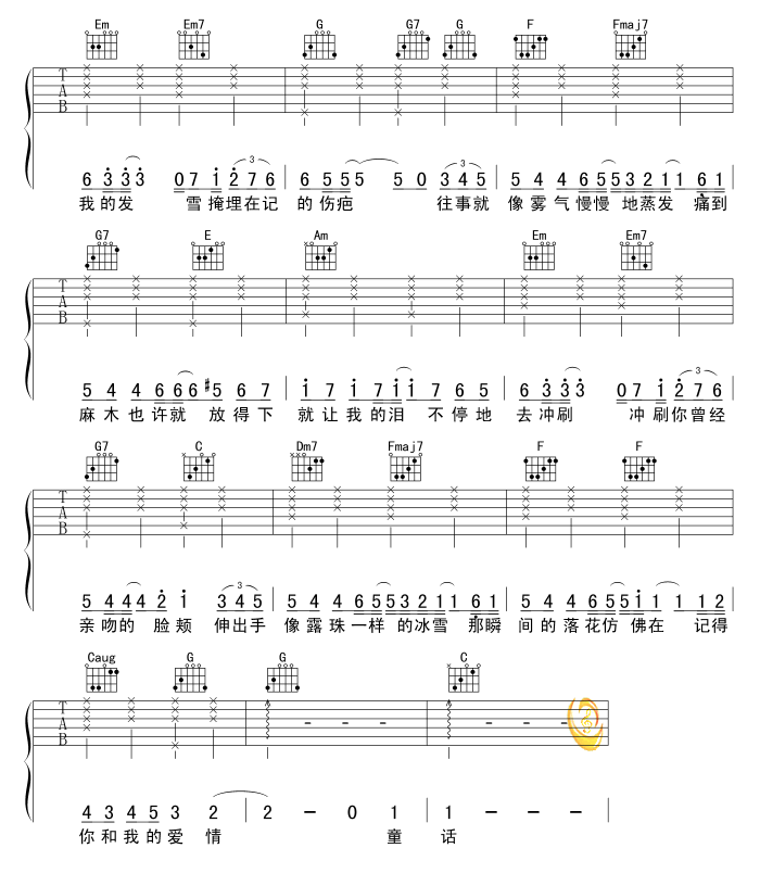飘雪吉他谱 C调六线谱_虫虫吉他编配_韩雪