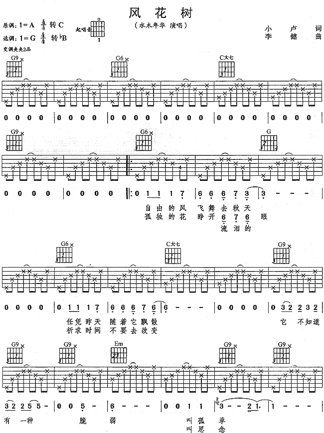 风花树吉他谱 G调六线谱_简单版_水木年华-吉他谱_吉他弹唱六线谱_指弹吉他谱_吉他教学视频 - 民谣吉他网