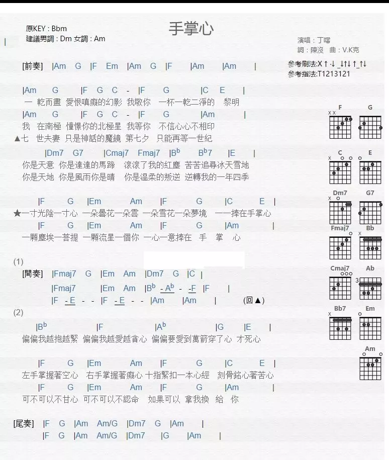 手掌心吉他谱 A调和弦谱_音乐之家编配_丁当-吉他谱_吉他弹唱六线谱_指弹吉他谱_吉他教学视频 - 民谣吉他网