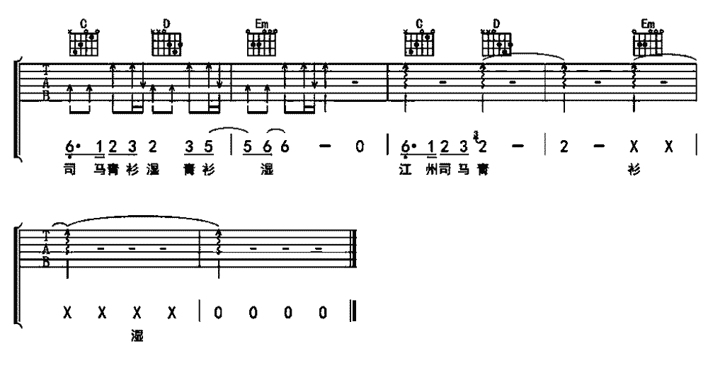 琵琶行吉他谱 G调六线谱_简单版_奇然