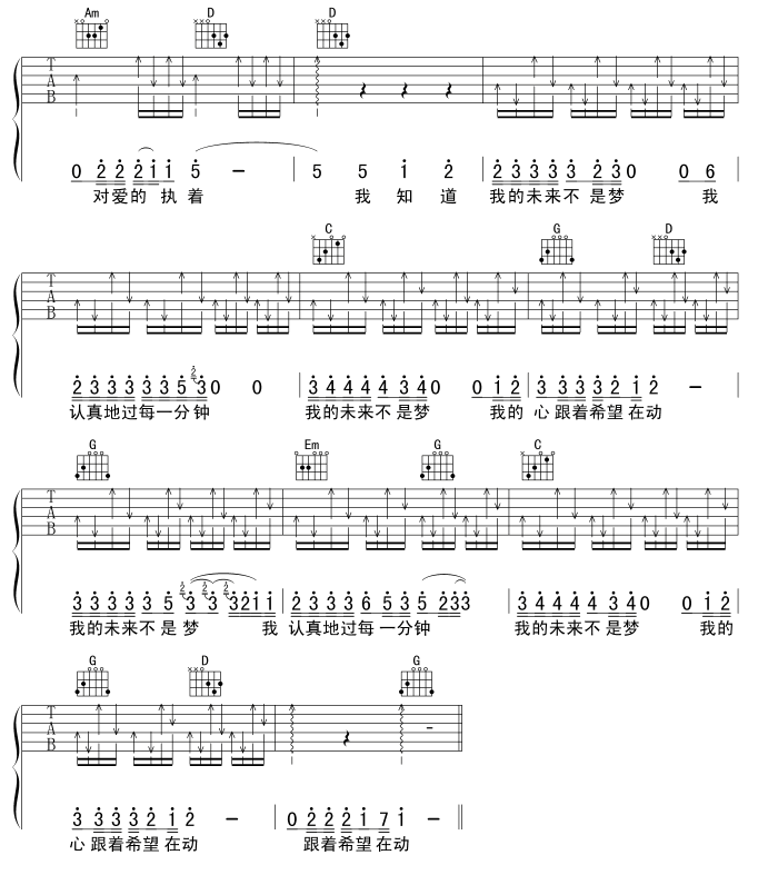 我的未来不是梦吉他谱 G调六线谱_扫弦版_张雨生