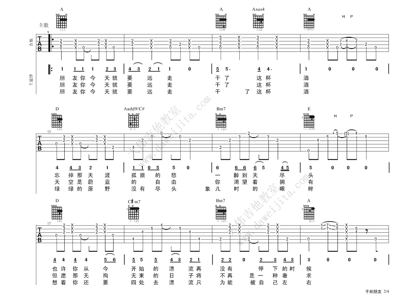 干杯朋友吉他谱 A调精选版_大伟吉他教室编配_田震