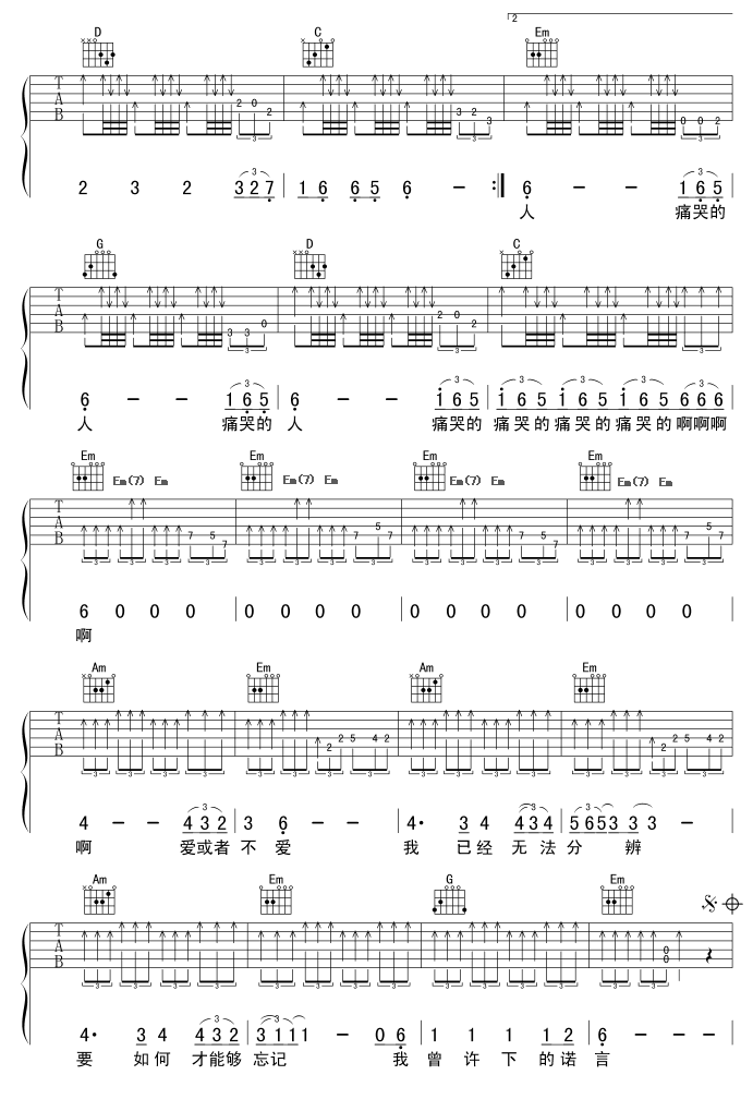 痛哭的人吉他谱 G调六线谱_虫虫吉他编配_伍佰