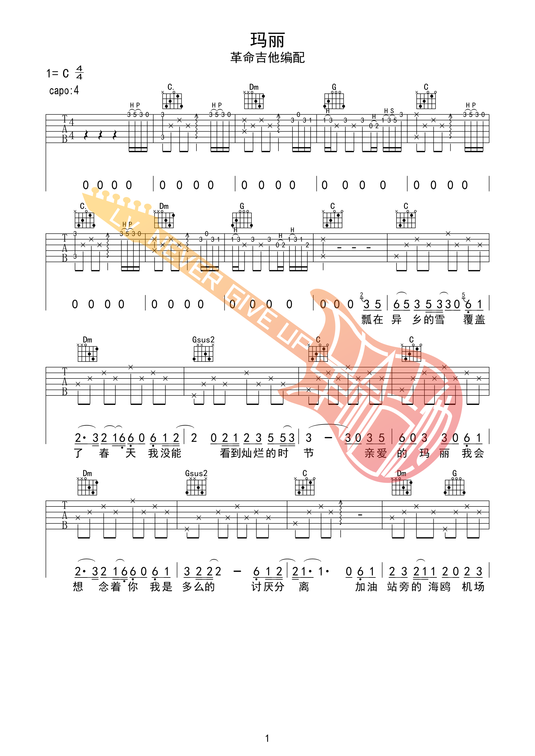 玛丽吉他谱 C调附前奏_革命吉他编配_赵雷-吉他谱_吉他弹唱六线谱_指弹吉他谱_吉他教学视频 - 民谣吉他网