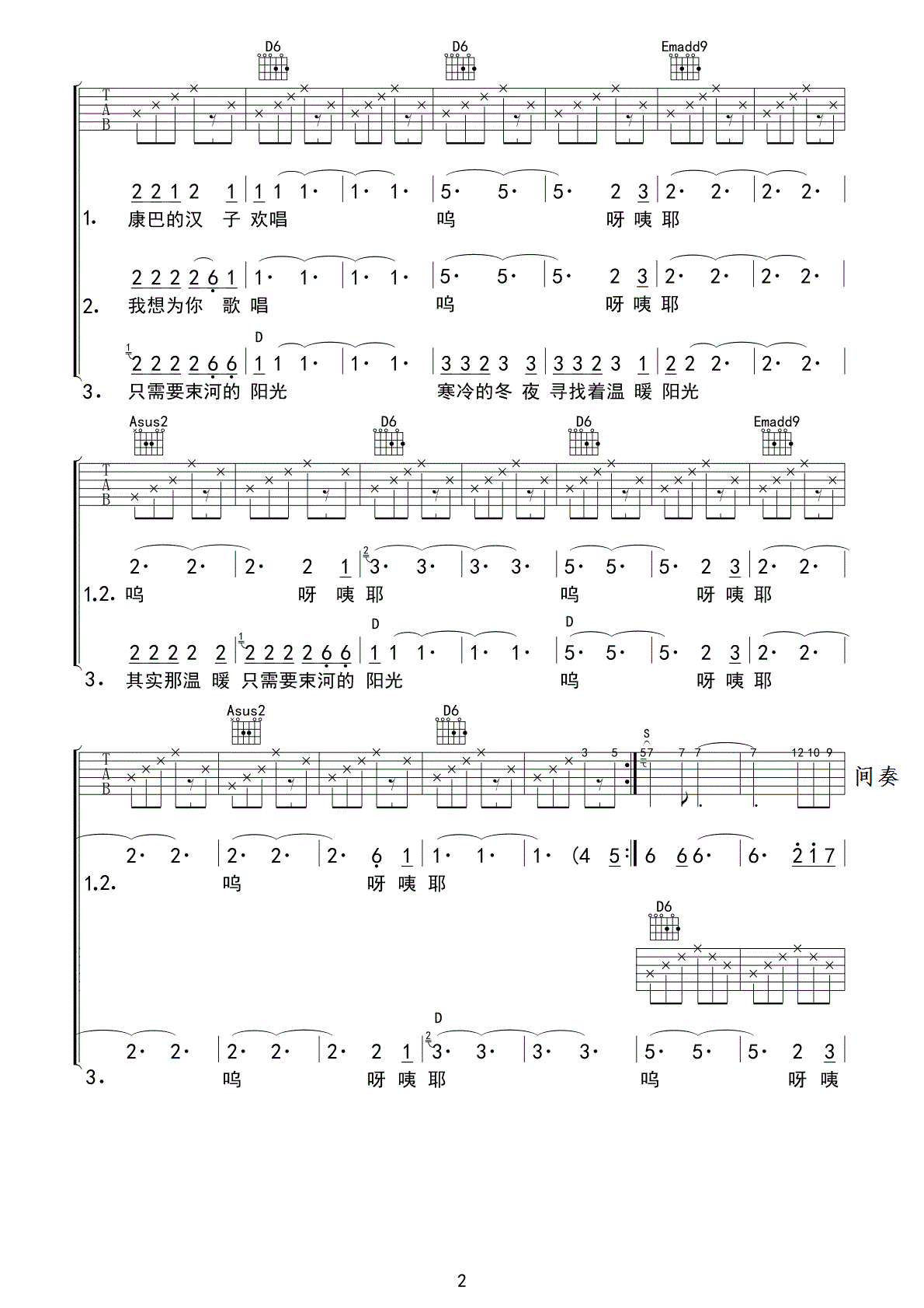 束河的阳光吉他谱 D调_老知了编配_江湖乐队