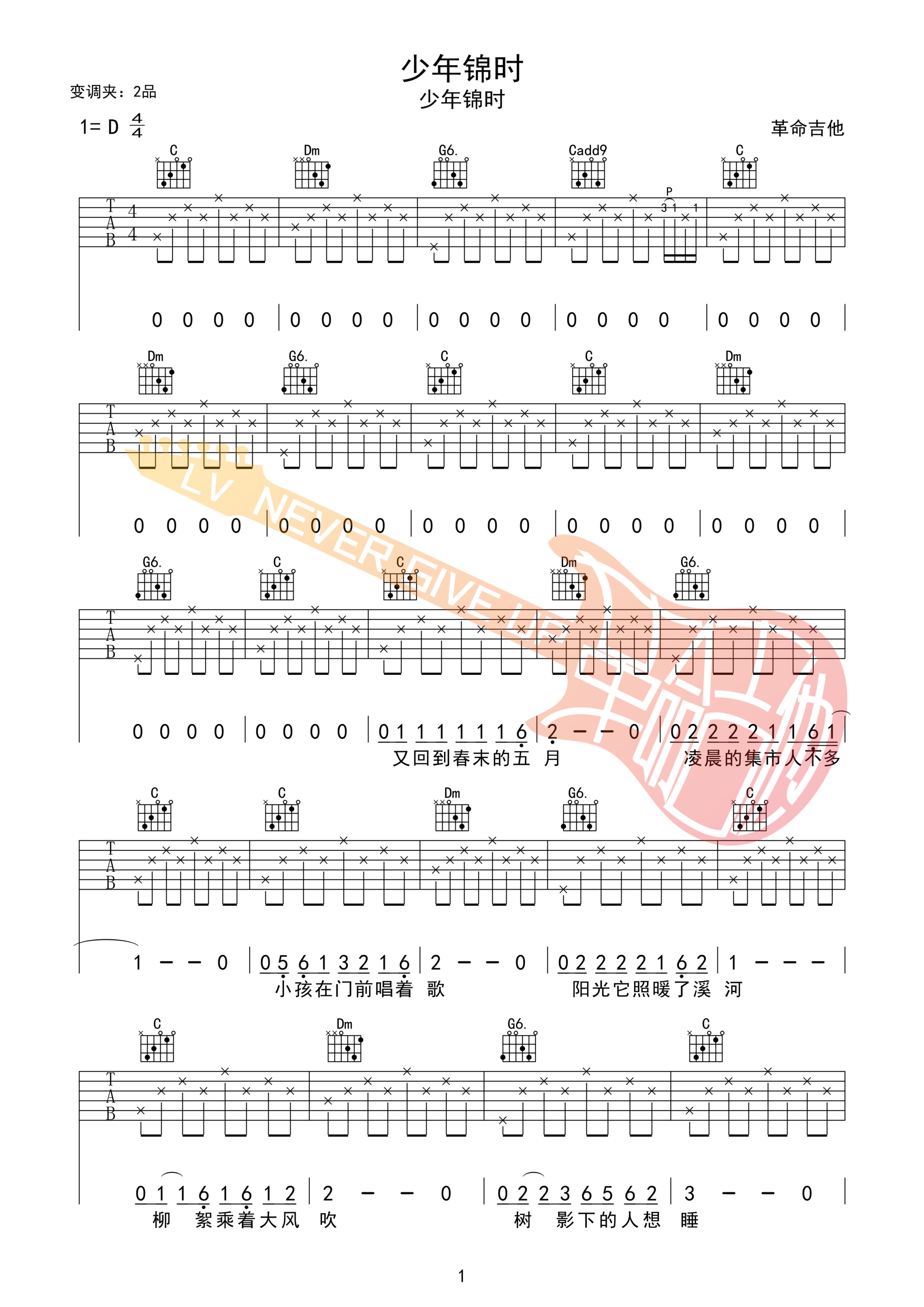 少年锦时吉他谱 D调男生版_革命吉他编配_赵雷-吉他谱_吉他弹唱六线谱_指弹吉他谱_吉他教学视频 - 民谣吉他网