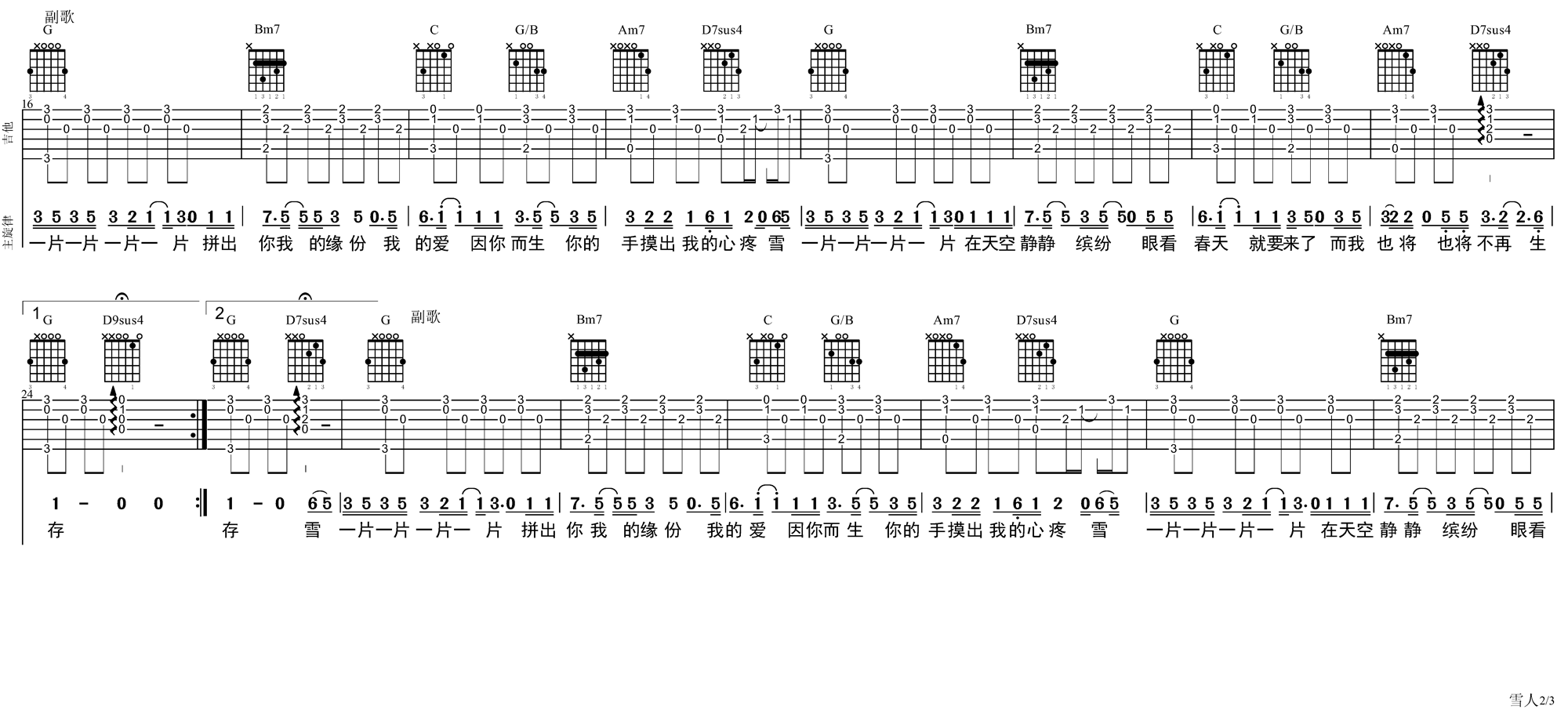 雪人吉他谱 G调原版_大伟吉他教室编配_范晓萱