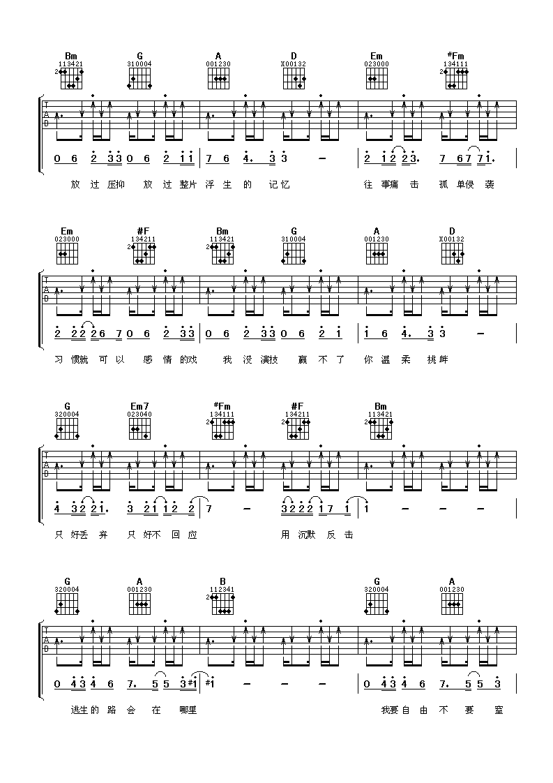 逃生吉他谱 D调_阿潘音乐工场编配_张信哲