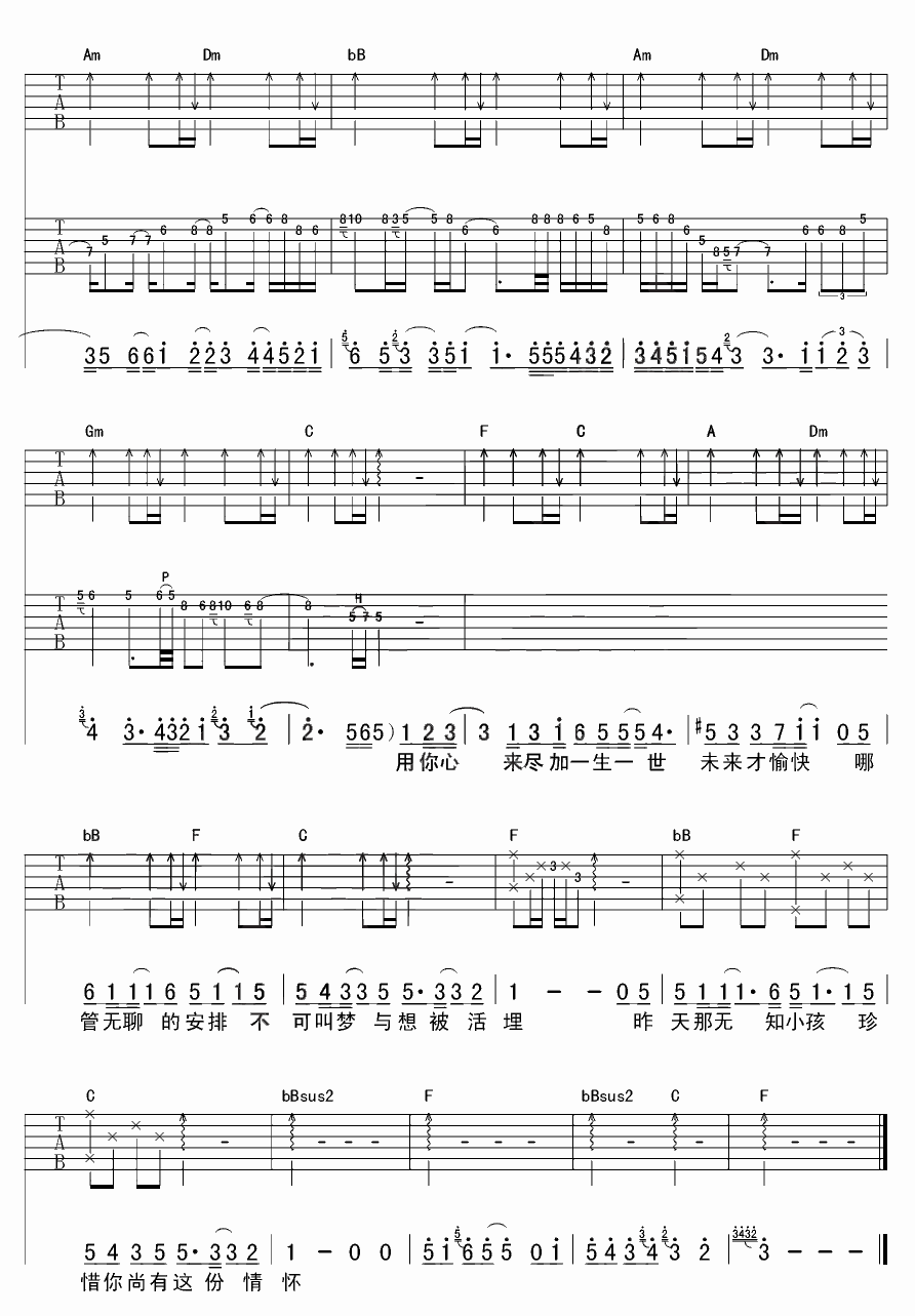 一晚长大吉他谱 F调六线谱_苏波编配_刘德华