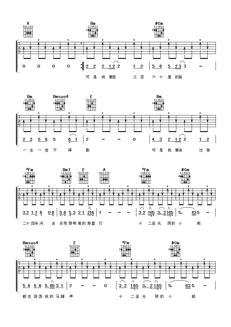 十二座光阴的小城吉他谱 A调扫弦版_阿潘音乐工场编配_林依轮