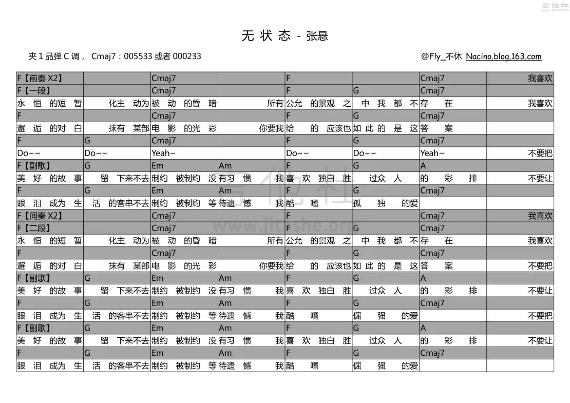 无状态吉他谱 C调和弦谱_吉他社编配_张悬-吉他谱_吉他弹唱六线谱_指弹吉他谱_吉他教学视频 - 民谣吉他网