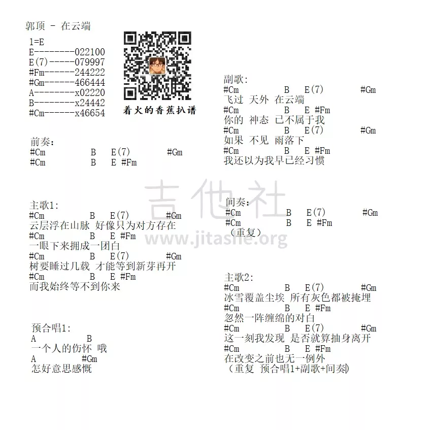 在云端吉他谱 E调和弦谱_吉他社编配_郭顶-吉他谱_吉他弹唱六线谱_指弹吉他谱_吉他教学视频 - 民谣吉他网