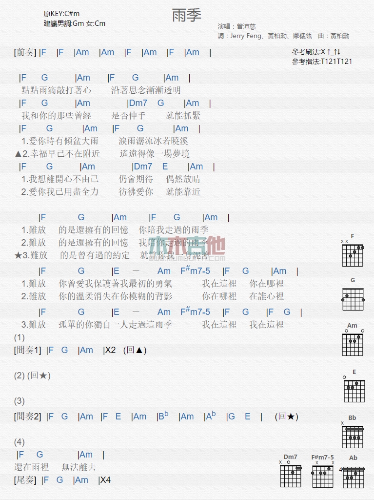 雨季吉他谱 G调和弦谱_木木吉他编配_曾沛慈-吉他谱_吉他弹唱六线谱_指弹吉他谱_吉他教学视频 - 民谣吉他网