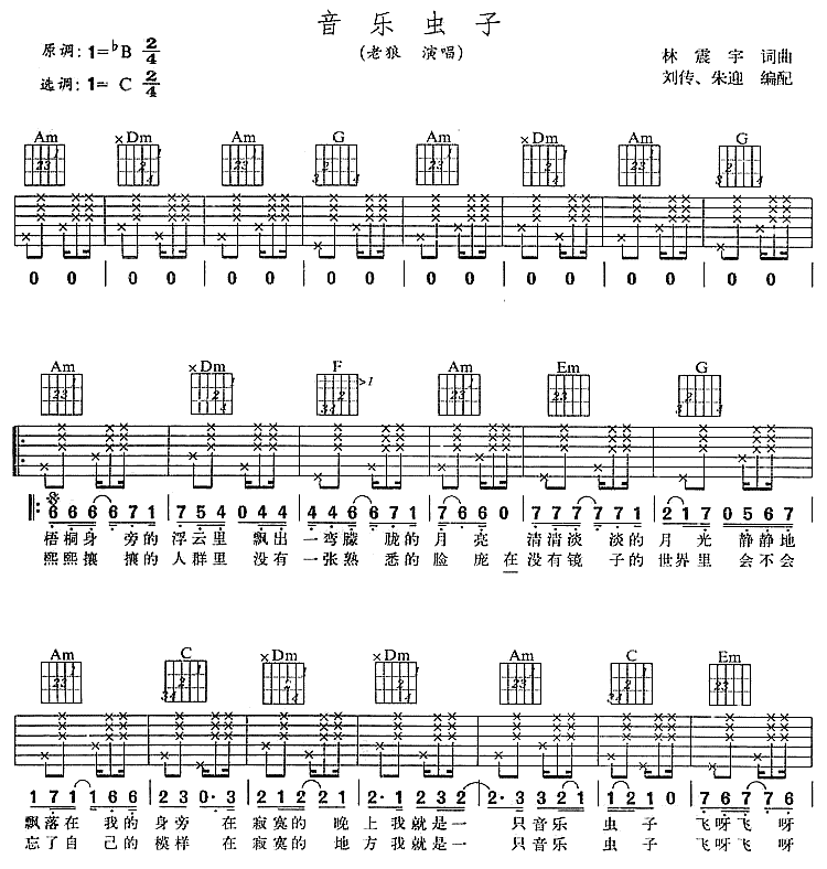 音乐虫子吉他谱 C调六线谱_简单版_老狼-吉他谱_吉他弹唱六线谱_指弹吉他谱_吉他教学视频 - 民谣吉他网