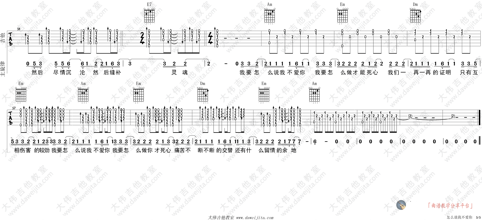 怎么说我不爱你吉他谱 C调进阶版_大伟吉他教室编配_萧敬腾