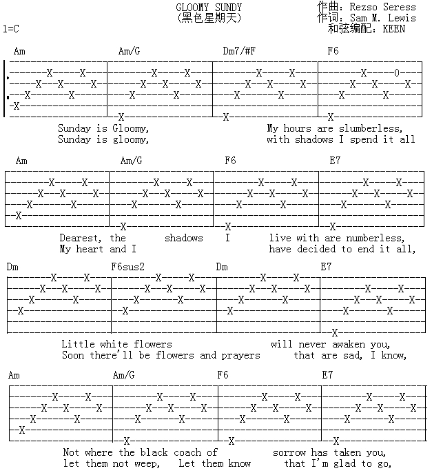 黑色星期天吉他谱 C调_KEEN编配_鲁兰斯·查理斯-吉他谱_吉他弹唱六线谱_指弹吉他谱_吉他教学视频 - 民谣吉他网