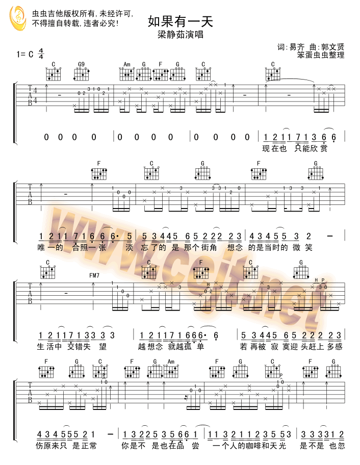 如果有一天吉他谱 C调六线谱_虫吉他编配_梁静茹-吉他谱_吉他弹唱六线谱_指弹吉他谱_吉他教学视频 - 民谣吉他网