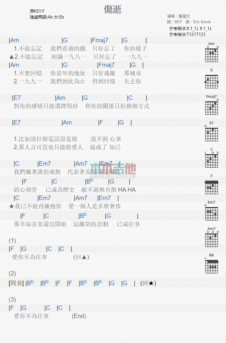 伤逝吉他谱 F调_木木吉他编配_叶倩文-吉他谱_吉他弹唱六线谱_指弹吉他谱_吉他教学视频 - 民谣吉他网