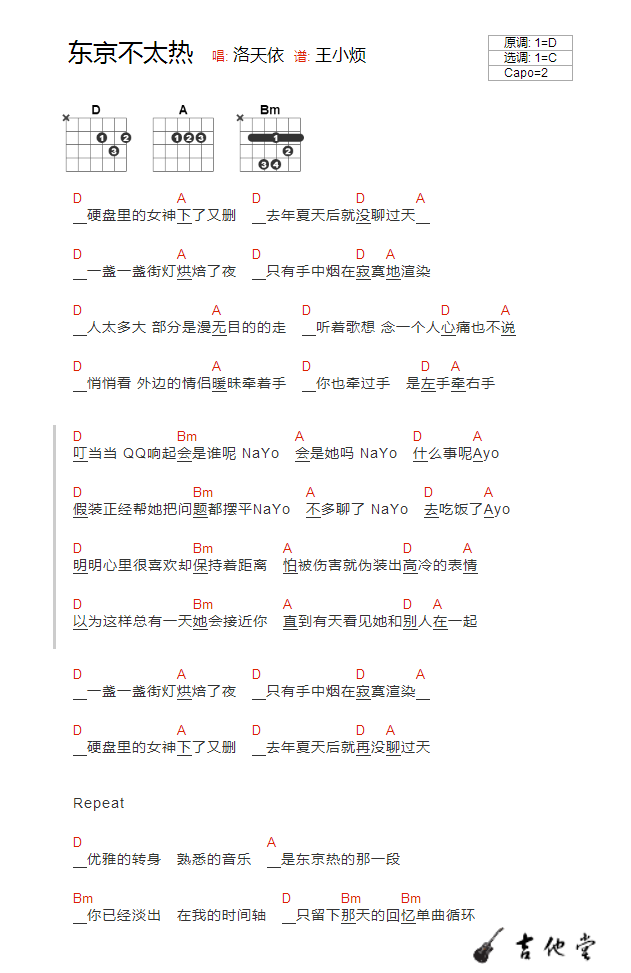 东京不太热吉他谱 C调和弦谱_简单版_洛天依-吉他谱_吉他弹唱六线谱_指弹吉他谱_吉他教学视频 - 民谣吉他网