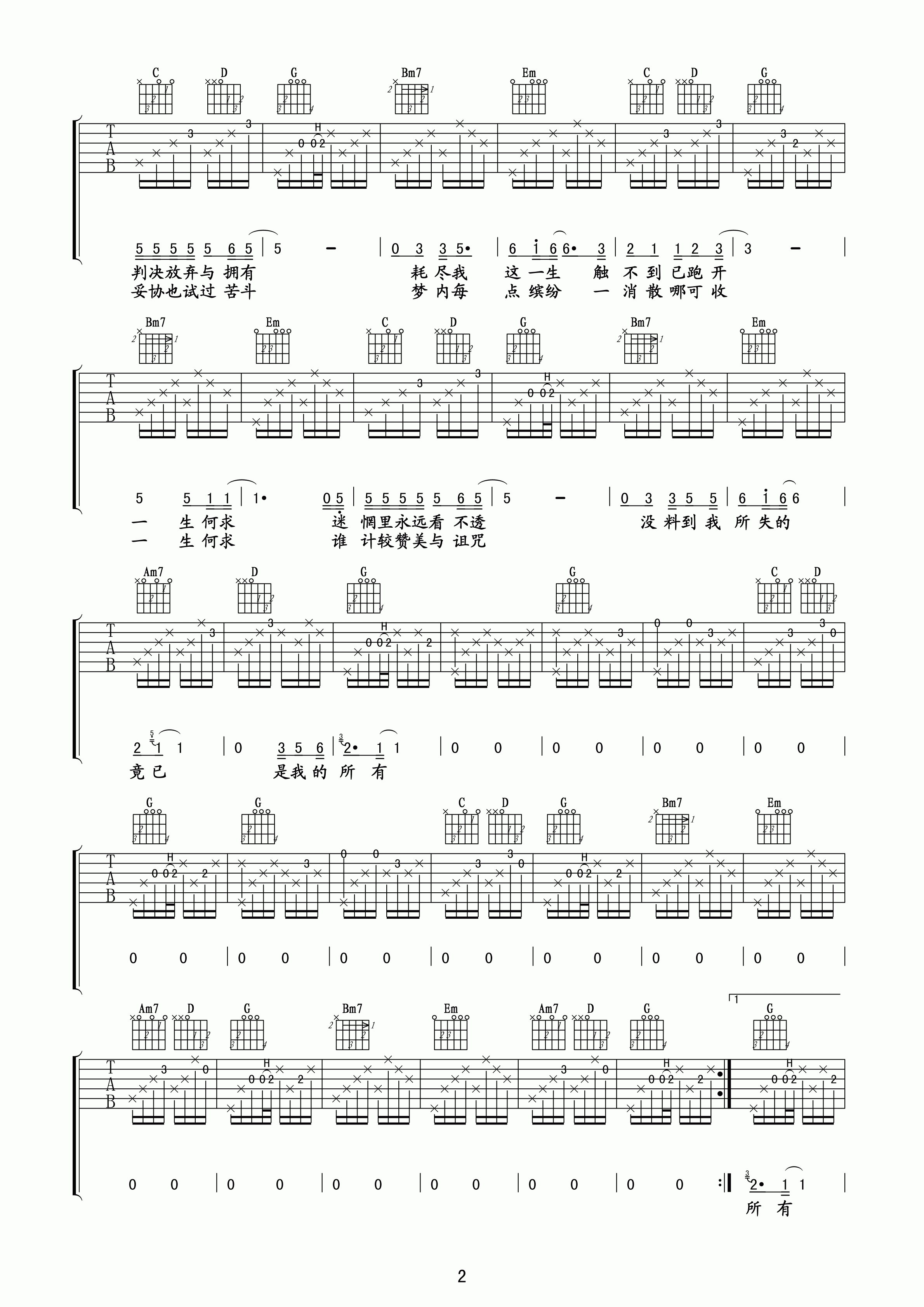 一生何求吉他谱 G调高清版_玩易吉他编配_陈百强