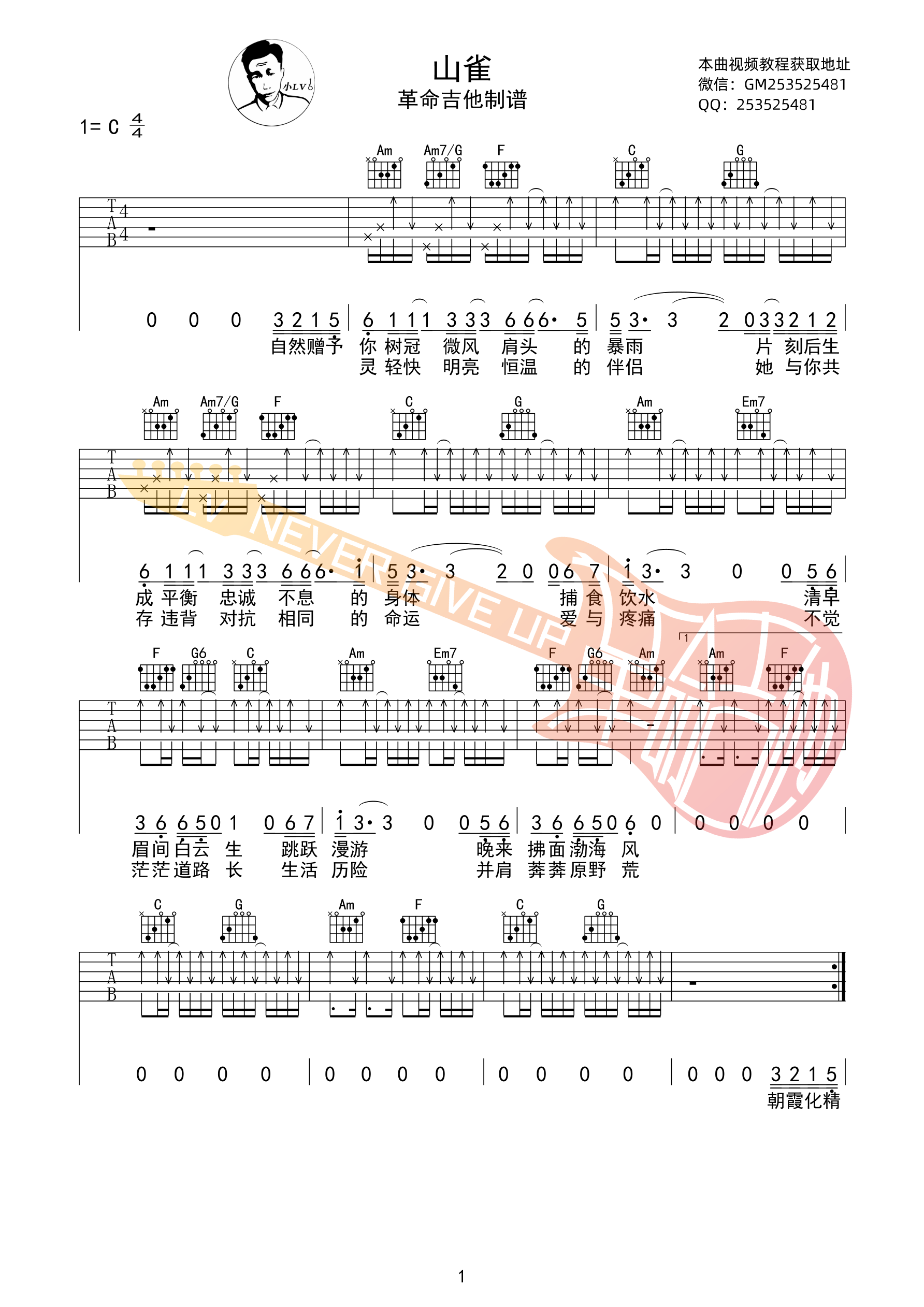 山雀吉他谱 C调扫弦版_革命吉他编配_万青-吉他谱_吉他弹唱六线谱_指弹吉他谱_吉他教学视频 - 民谣吉他网