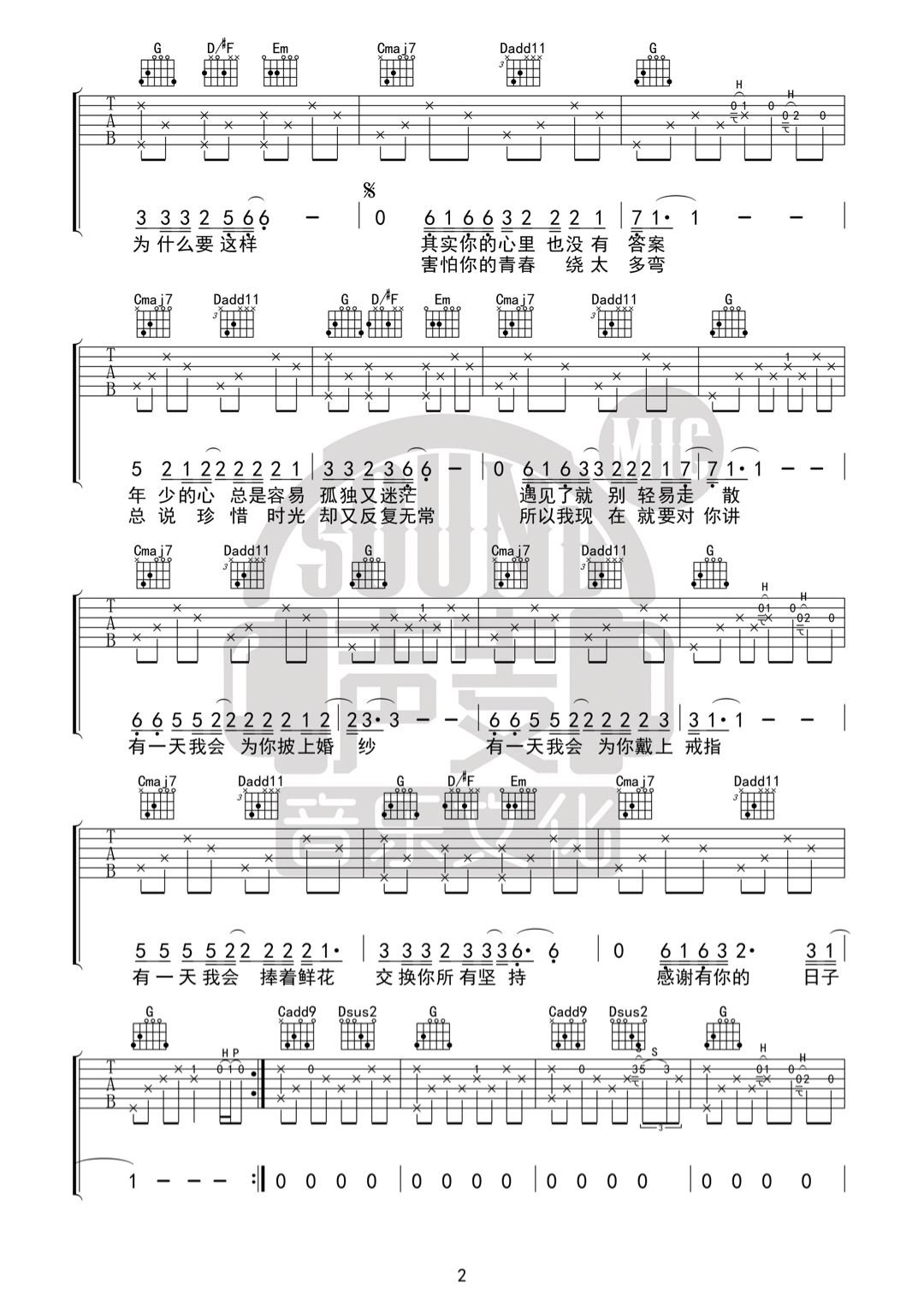 葱花姑娘吉他谱 G调六线谱_声麦音乐编配_崔凯琦