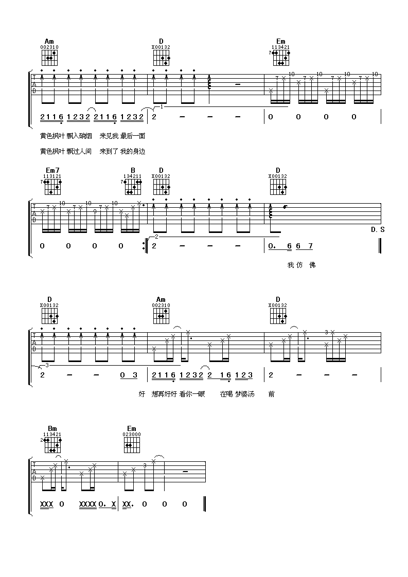 黄色枫叶吉他谱 G调_阿潘音乐工场编配_薛之谦