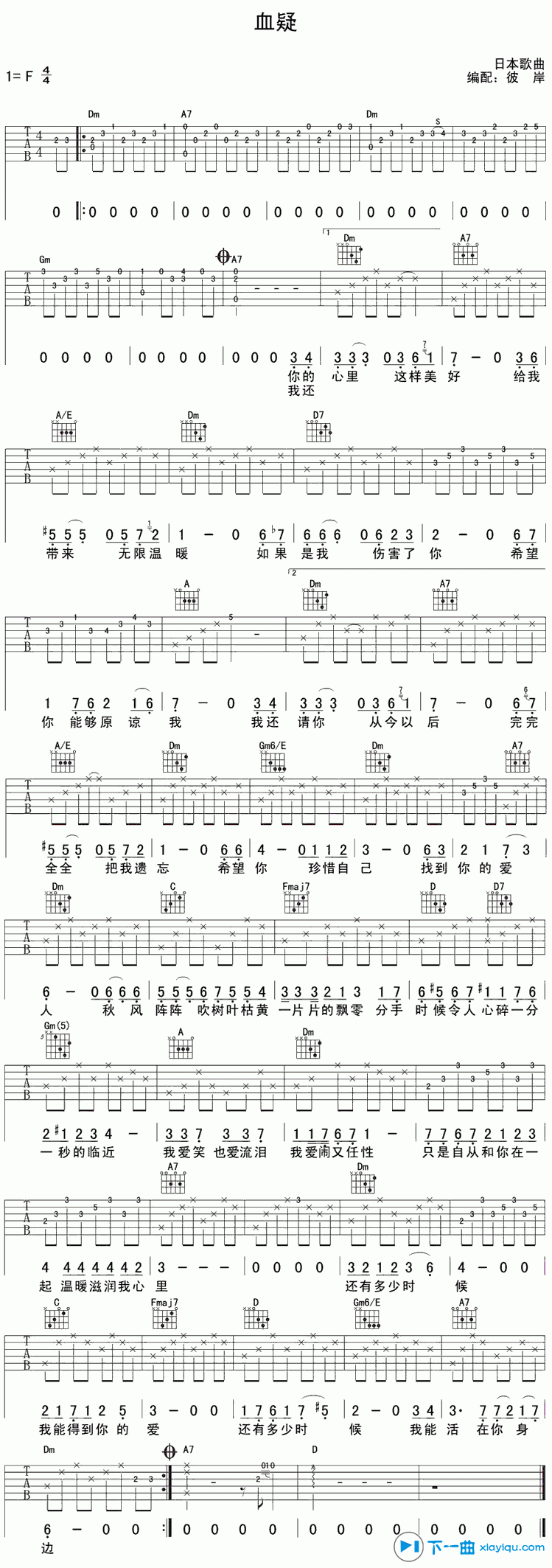 血疑吉他谱 F调精选版_彼岸吉他编配_钟立风-吉他谱_吉他弹唱六线谱_指弹吉他谱_吉他教学视频 - 民谣吉他网