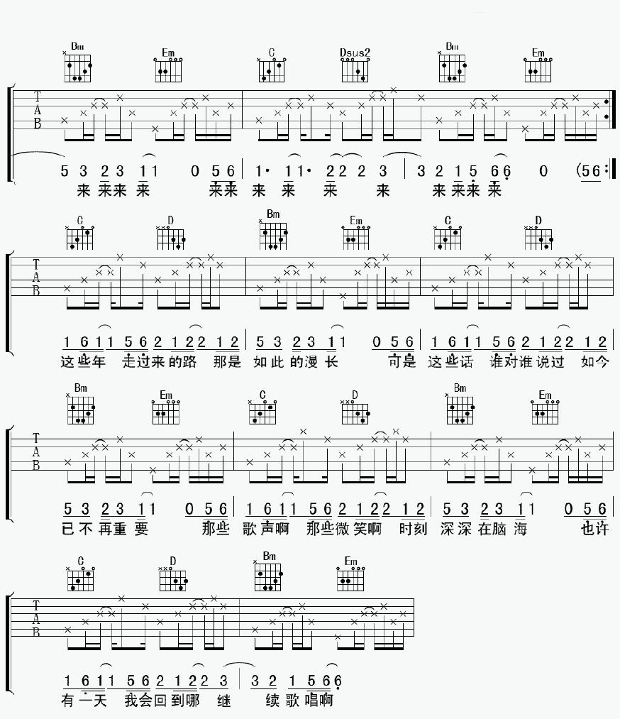 童年画面吉他谱 A调附前奏_彼岸吉他编配_晴天