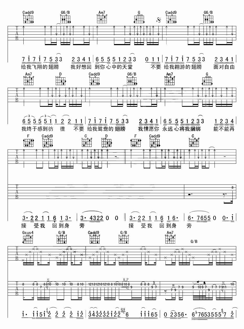 翅膀吉他谱 C调六线谱_萌芽编配_小安